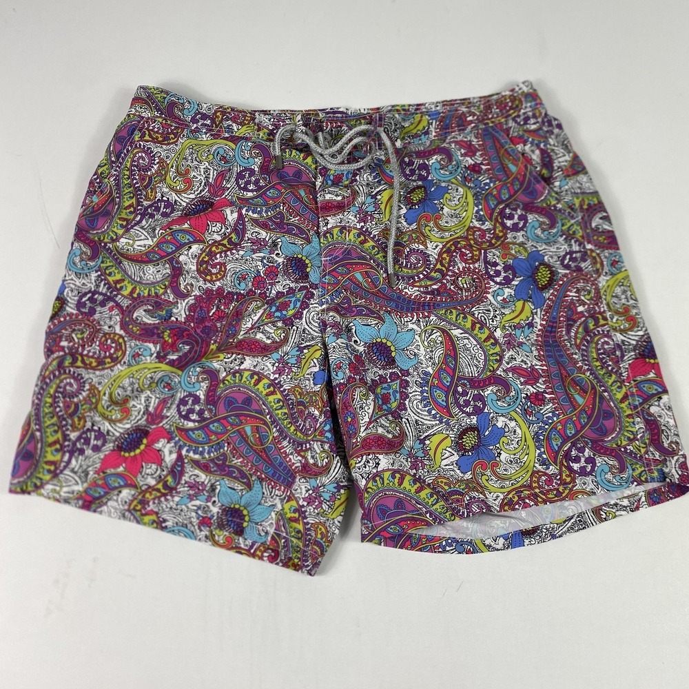 Bugatchi Swim Trunks Mens XL Multicolor Paisley Print Mesh Lined Beach Swimwear